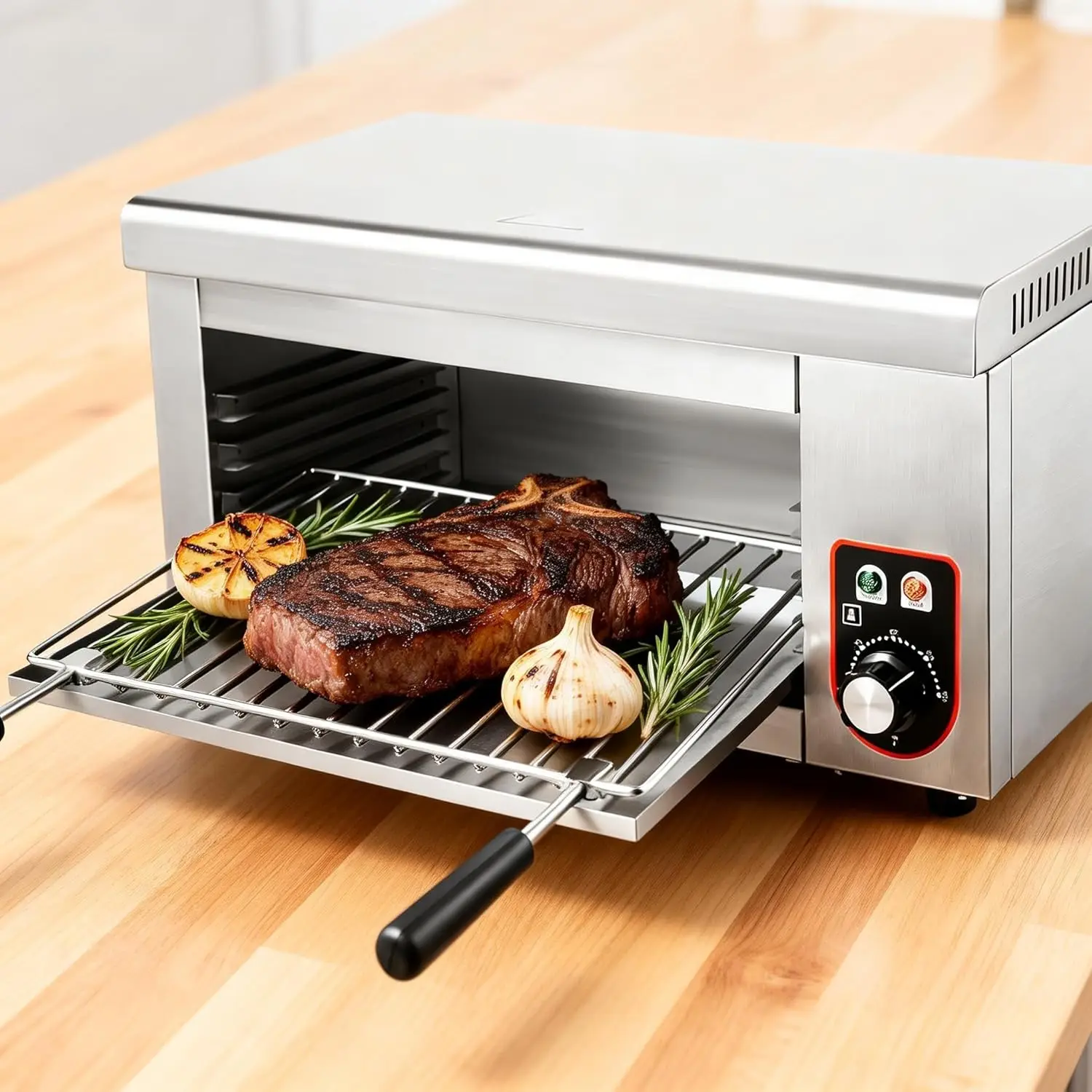 1500W Commercial Electric Cheese Melter and Salamander Broiler, Countertop Rapid Heating Grill with 120-570°F Temperature Range,