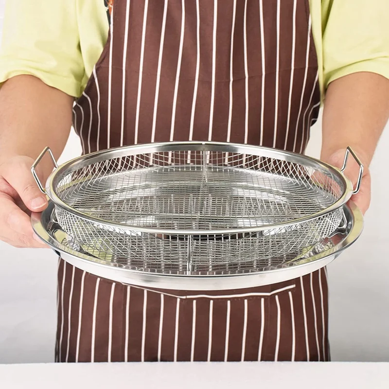 حار! 2 قطعة سلة مقلاة هوائية مستديرة من الفولاذ المقاوم للصدأ للفرن، صينية هش وسلة 13 بوصة، مجموعة سلة شبكية لفرن الهواء