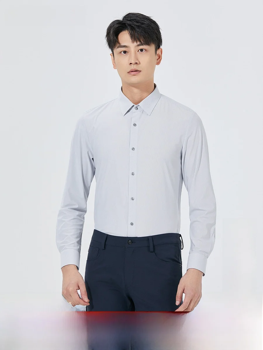Lilanz Slim Fit Stripe Shirt Men's Autumn New Business Style Sharp Collar Pure Color Long Sleeve Fashion Urban Casual Shirt