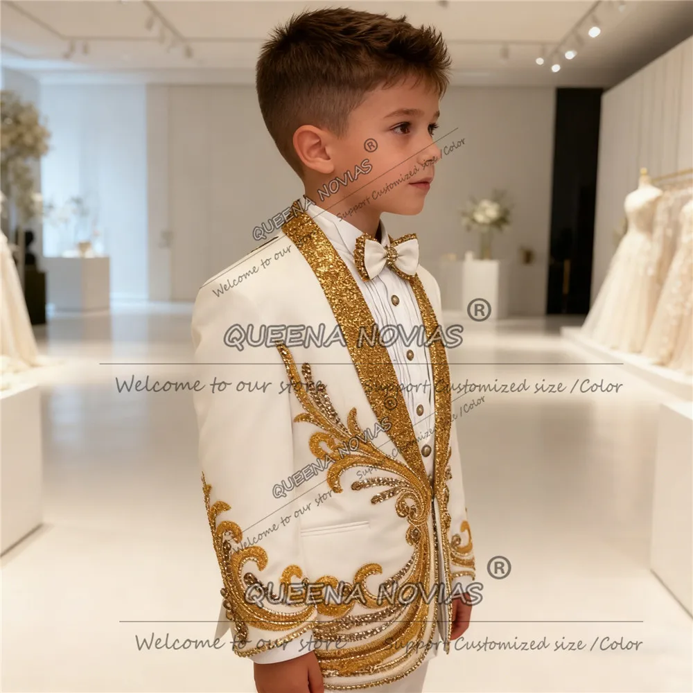 Traje de lujo con cuentas de cristales para niños, conjunto de 3 piezas, esmoquin de boda para niños, solapa de lentejuelas brillantes personalizada, trajes de baile para niños