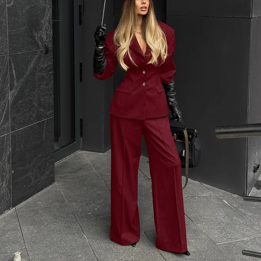 Zweiteiliges Set für Damen, Outfit 2026, neuer Frühling und Herbst, einfarbig, gekerbter Kragen, Langarm-Blazer und Pendelhose mit hoher Taille