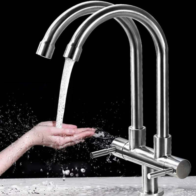 

Stainless Steel Dual Outlet Sink Faucet, One Inlet Two Outlets Tap