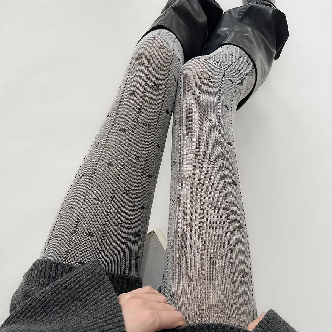 Gray Heart Bow Hollow Jacquard Patterns Women Stockings Sweet Girls Thigh High Stockings Women Tights Lingerie Pantyhose Female