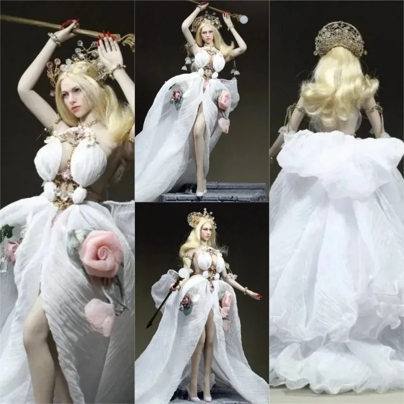 

1/6 Scale Female White Trailing Yarn Skirt Action Figures Flower Gauze Skirt Crown Clothes Model for 12Inch PH Body