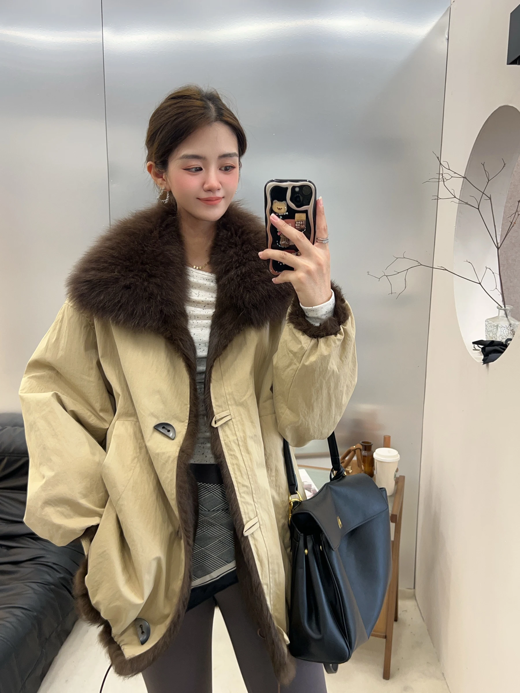 

Двустороннее кожаное пальто с меховым воротником из кроличьего меха для похудения Young Sle, повседневное пальто средней длины, све