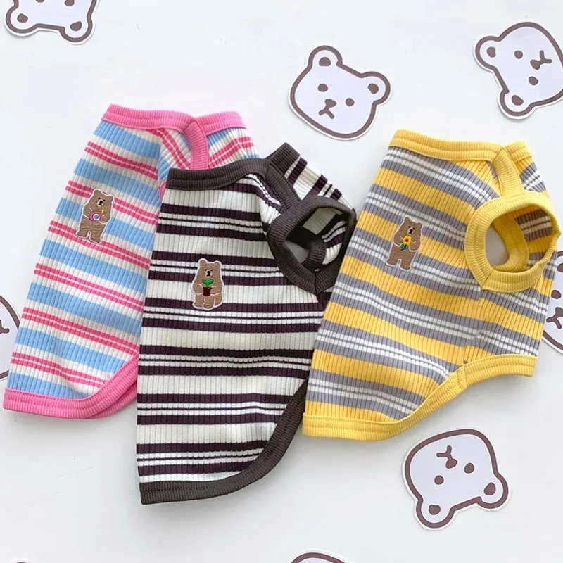 Pet Dog Vest Puppy Clothes Summer Cotton Bear Print T-Shirt Striped Dog Shirt Girls Dog Costume Chihuahua Korean Style Clothing