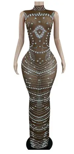 Sexy Sequin Bodycon Summer Dress Fashion Items Handmade Beaded Diamond Crystal Dress See Through Outfits for Women