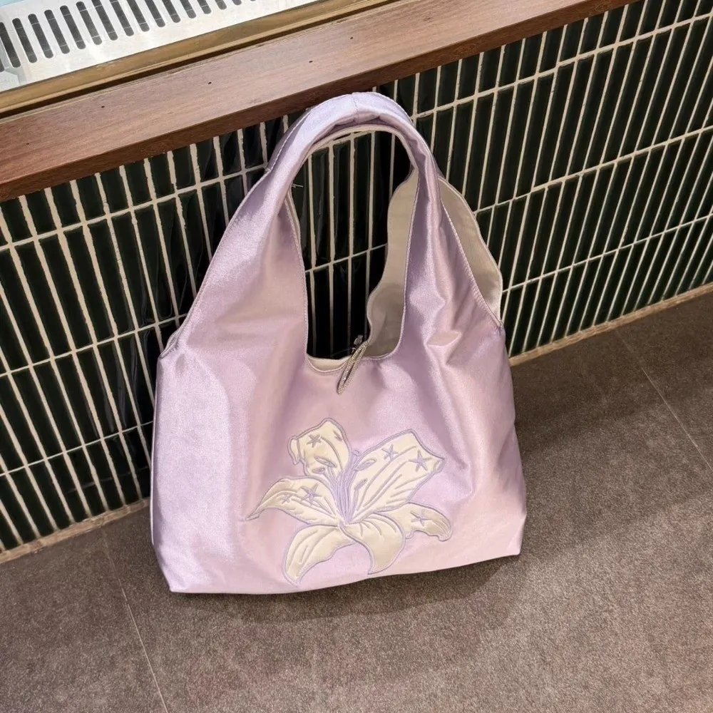Vest Style Lily Shoulder Bag Embroidery Flower Decorative Design Tote Crossbody Bag Lightweight Large Capacity
