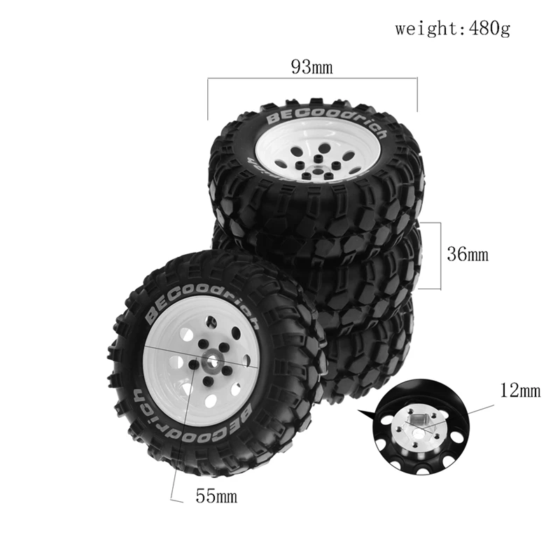 4Pcs 93Mm Metal 1.9Inch Beadlock Wheel Rim Rubber Tire Set For 1/10 RC Crawler Car Traxxas,8 Holes 12Mm Adapter