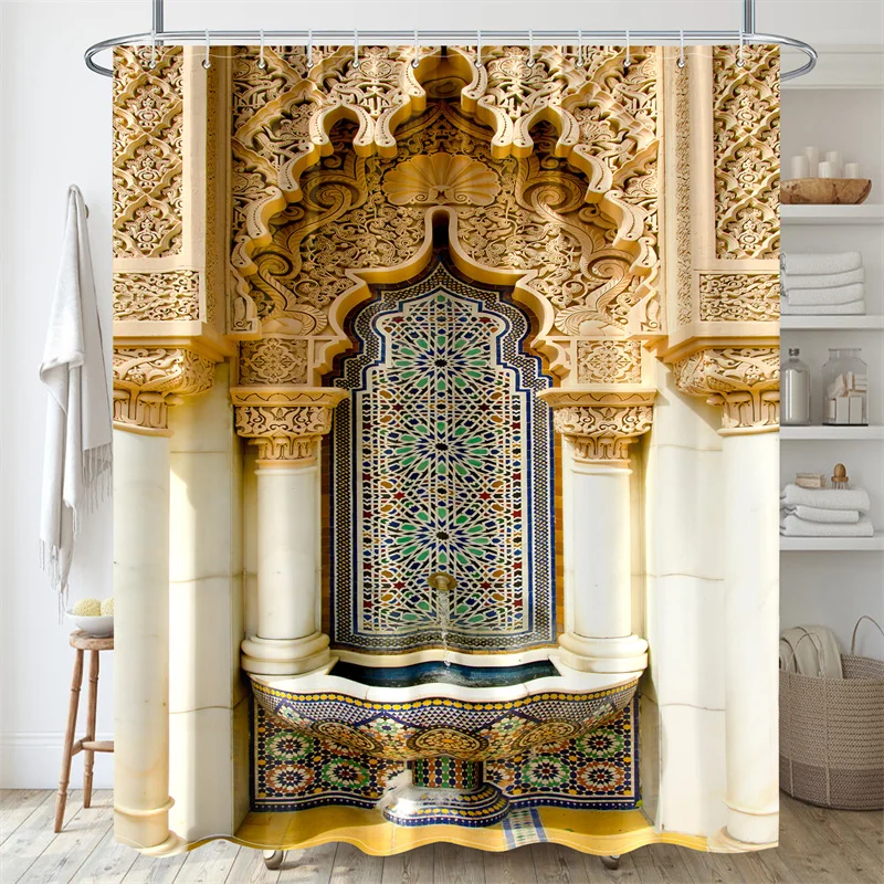 Moroccan Architecture Design Shower Curtain Garden Decorative Curtains Waterproof Fabric Bath Curtain with 12 hooks