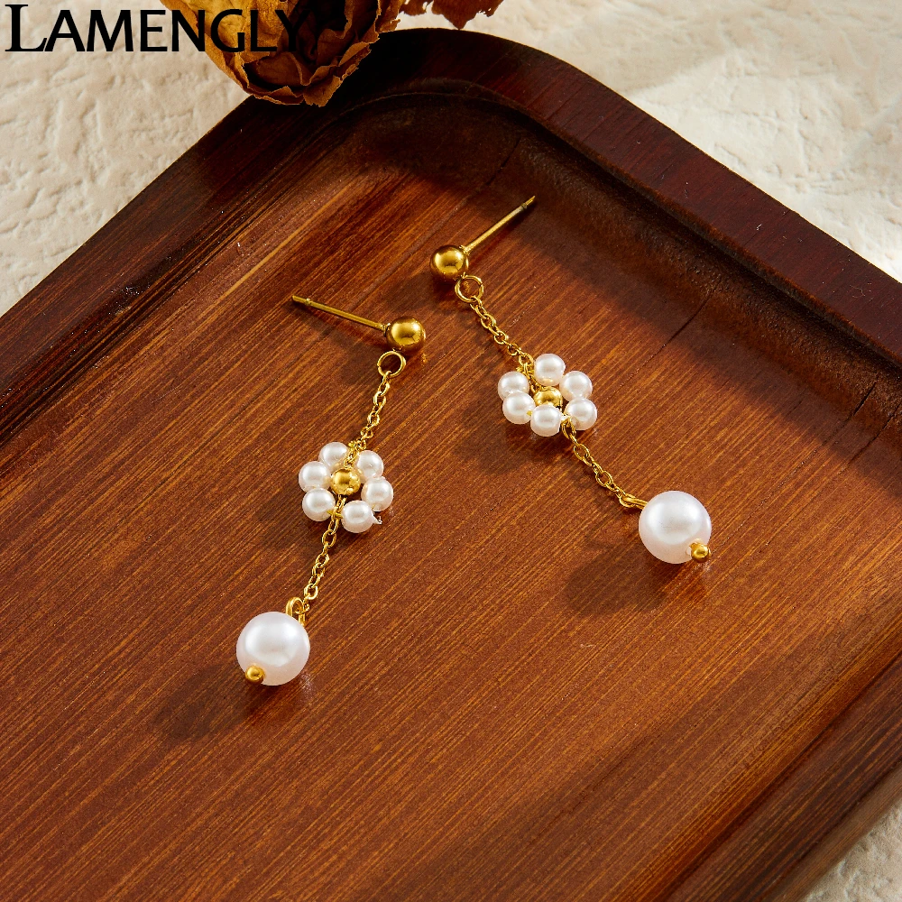 LAMENGLY 316L Stainless Steel Exquisite Pearl Circular Flower Tassels Pendant Earrings For Women Girl Small Fresh Eardrop Gifts