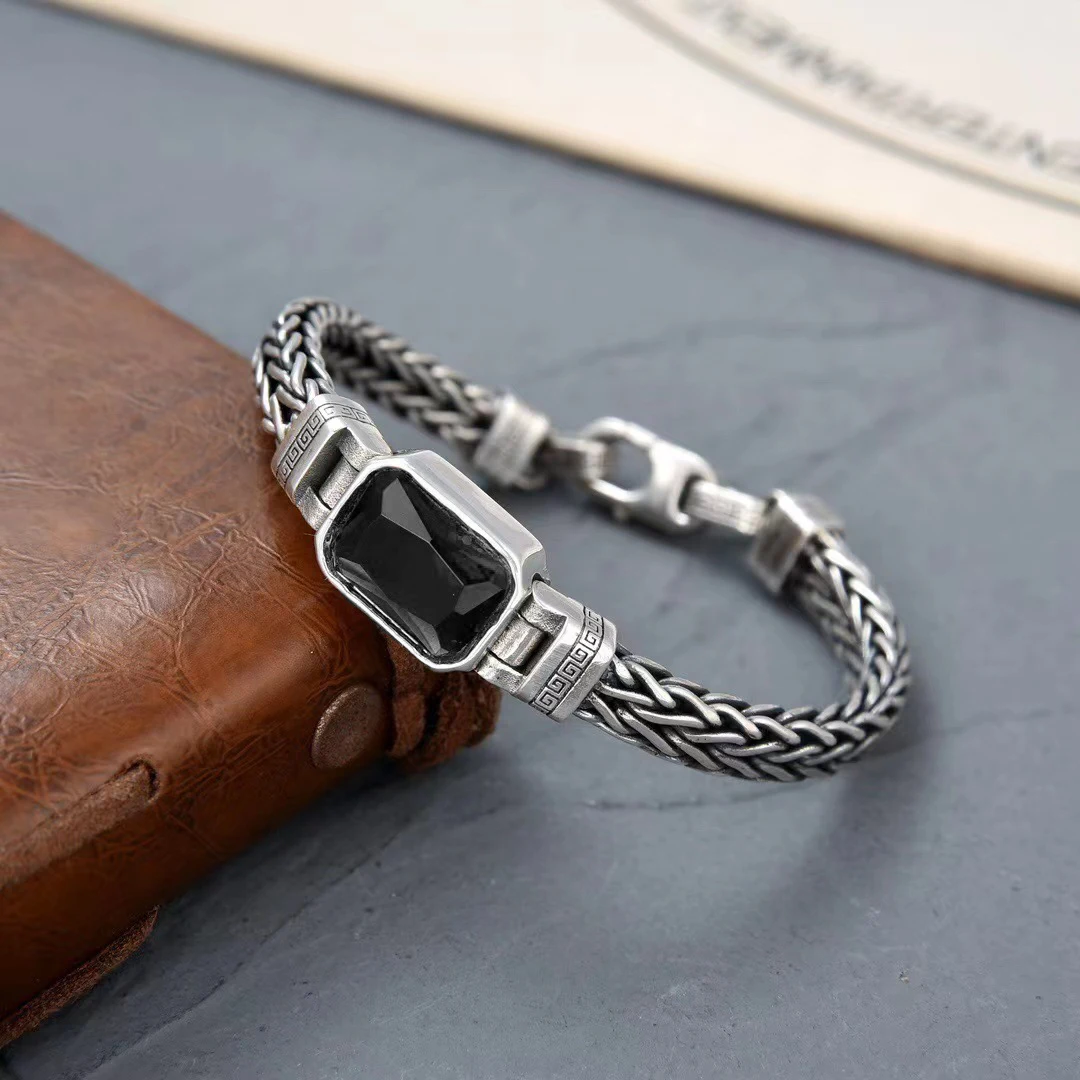 HX Silver Color Couple Style Hand-Knitted Bracelet Old Vintage Black Stone Men Personalized Versatile 5MM Chain Fashion Jewelry