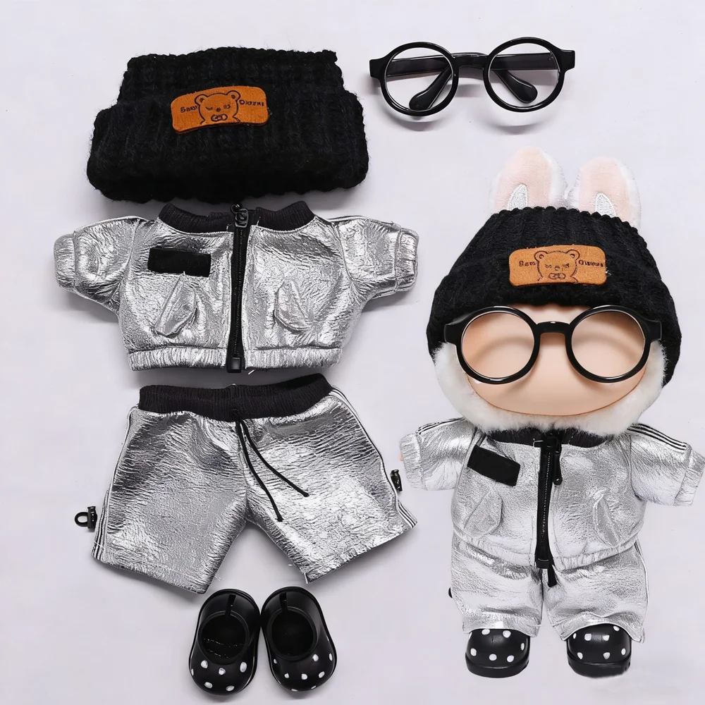 

Mini Doll Clothes For 17cm Labubu Silver Cool Set With Glasses Shoe Accessories Korea Idol Cotton Doll Decor Luxury Clothing