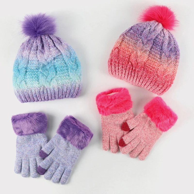 2024 European and American Children's Winter Hat Glove Set Knitted Bean Plush Thick Warm Hat Strap Cute Pom Pom