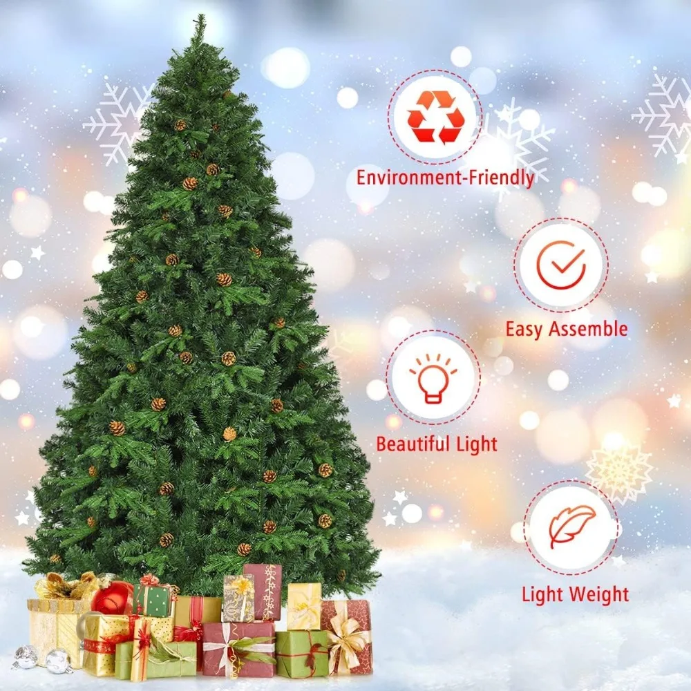 

8 FT Pre-lit Christmas Tree with 600 LED Lights, 1335 Branches, Metal Stand, Realistic Green Xmas Tree