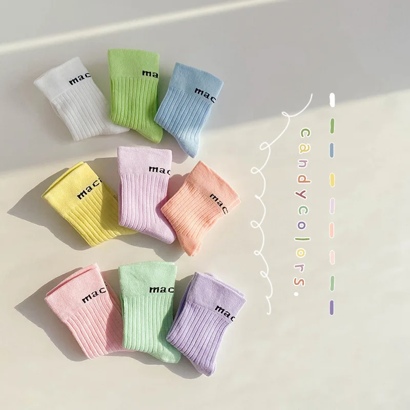 3 Pairs Spring Candy Color Socks Kids Soft Solid With Letters For Little Girls And Boys Child Baby Infant Cotton Sock