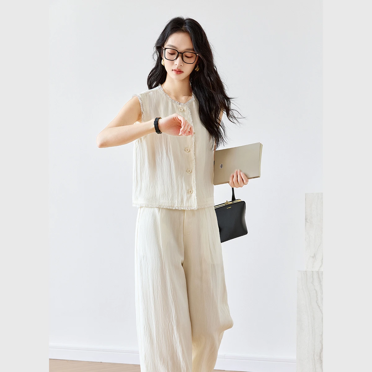 VIMLY Apricot Vest Pants Two Piece Set Women 2026 Open Front Sleeveless Tops Wide-leg Pants New Summer Minimalist Outfit M9611