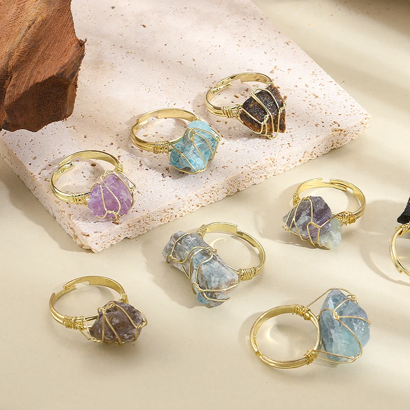 Farsighte star Natural Stone Crystal Rings Gold Wire Wound Stainless Steel  Adjustable Finger Rings  Jewelry Dropshiping Store