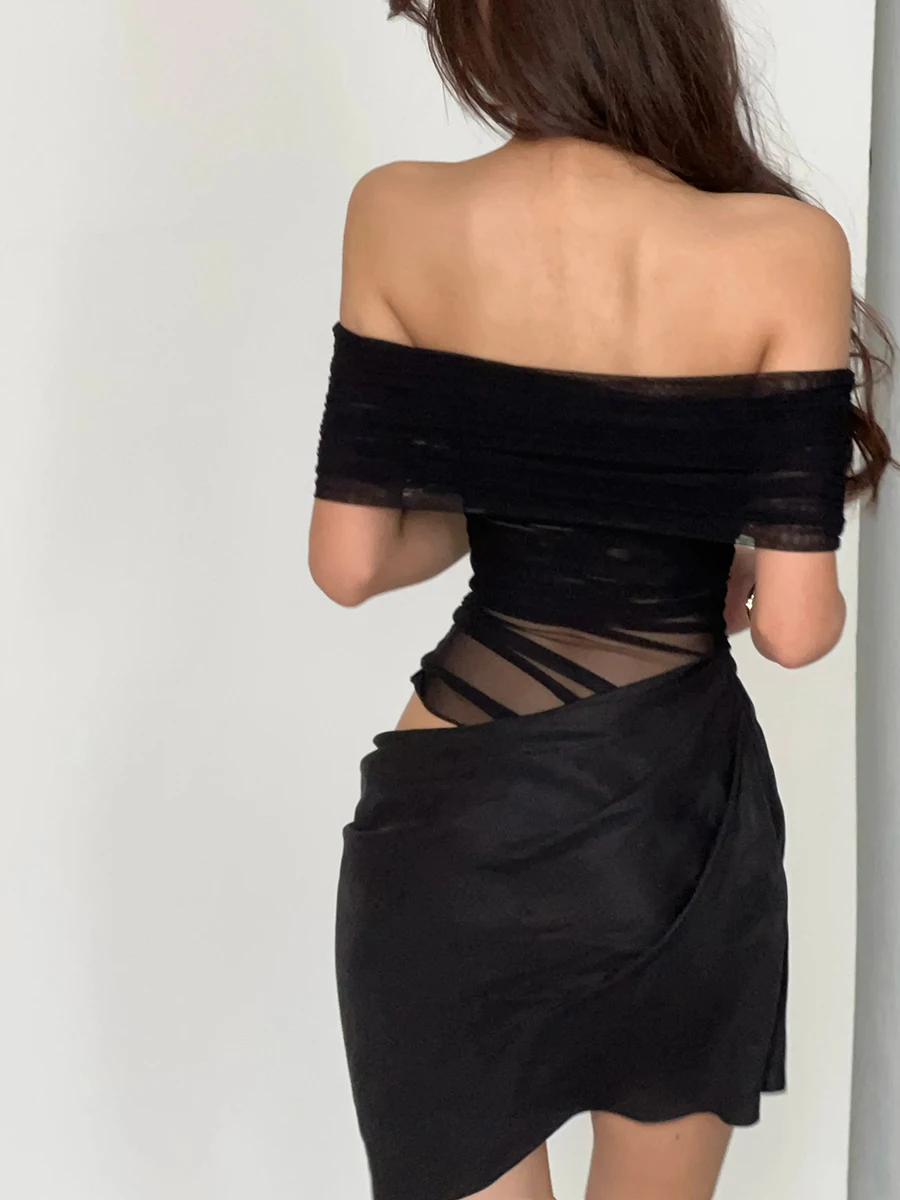 REDDACHiC Mini vestido de fiesta de retazos de tul negro transparente de verano con un hombro ahuecado en la cintura fruncido ceñido al cuerpo ropa Formal de mujer
