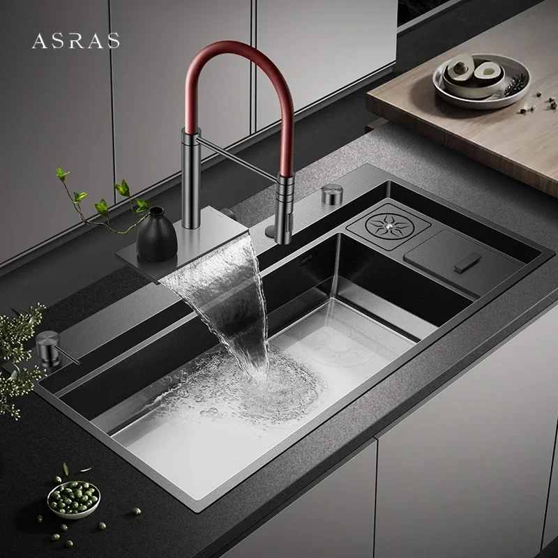 ASRAS New Large Size Nanometer Waterfall Faucet Kitchen Sinks 4mm Panel Handmade Kitchen Sinks Cup Rinser Sinks