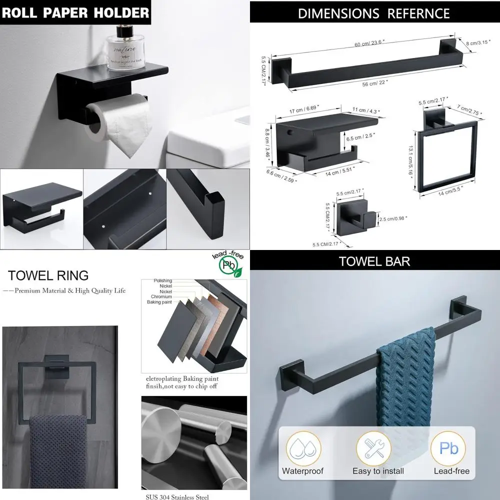 

5-Piece Stainless Steel Bathroom Accessory Set: 23.6 Towel Bar, Ring, Hook, Toilet Paper Holder & Shelf