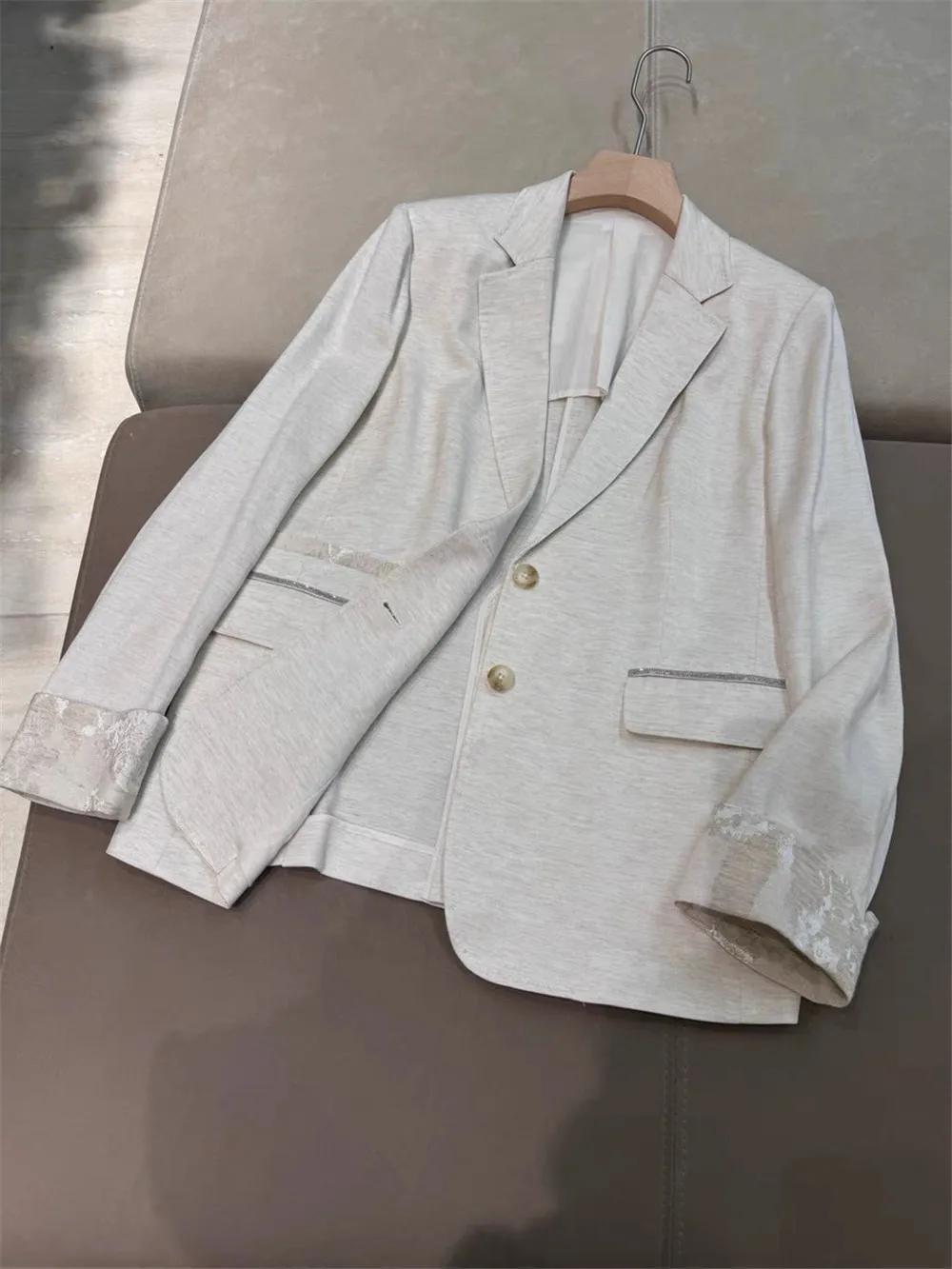

25 Spring/Summer New Women's Solid Color Nail Bead Chain Suit Jacket+Vest+Straight Leg Wide Pants Three Piece Set Series