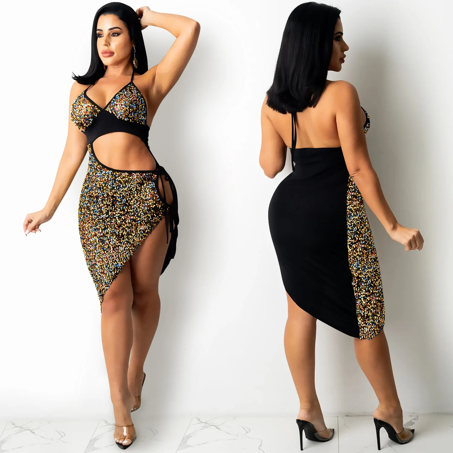 Sexy C5309 Strapl ort Dr Découpes scintillantes Ele imprimé à pois Pas d'échange Pas de retour Wi Faion transfrontalier