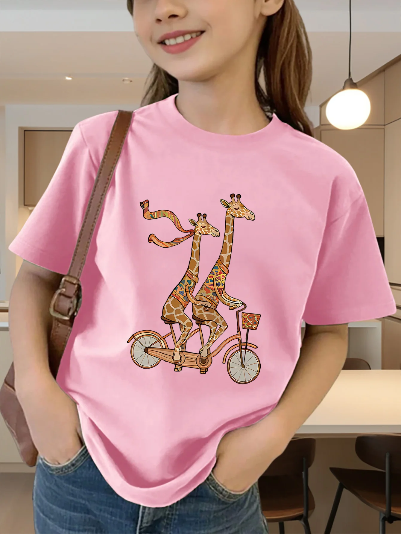 Cute Two Giraffes Riding Bicycle Print Graphic Kids Tee Boys Girls Family Matching Cotton Crew Neck Short Sleeve Soft Summer Tee