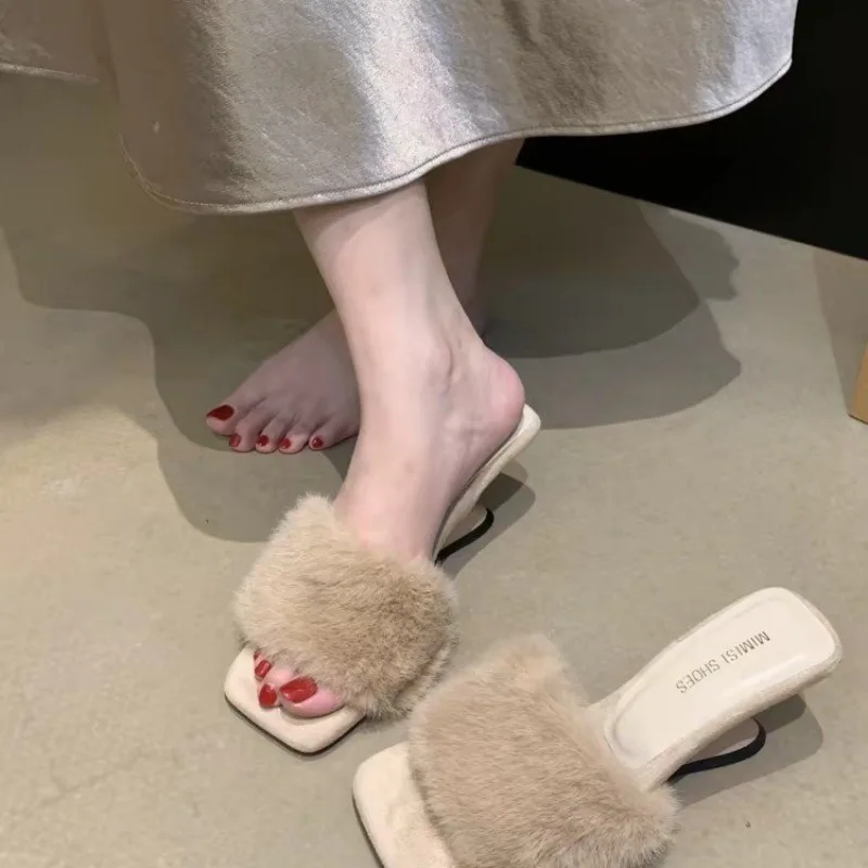 French Fairy Style Fluffy Slippers Women's Autumn and Winter New 2026 Open-toe High-heeled Temperament Slip-on Shoes