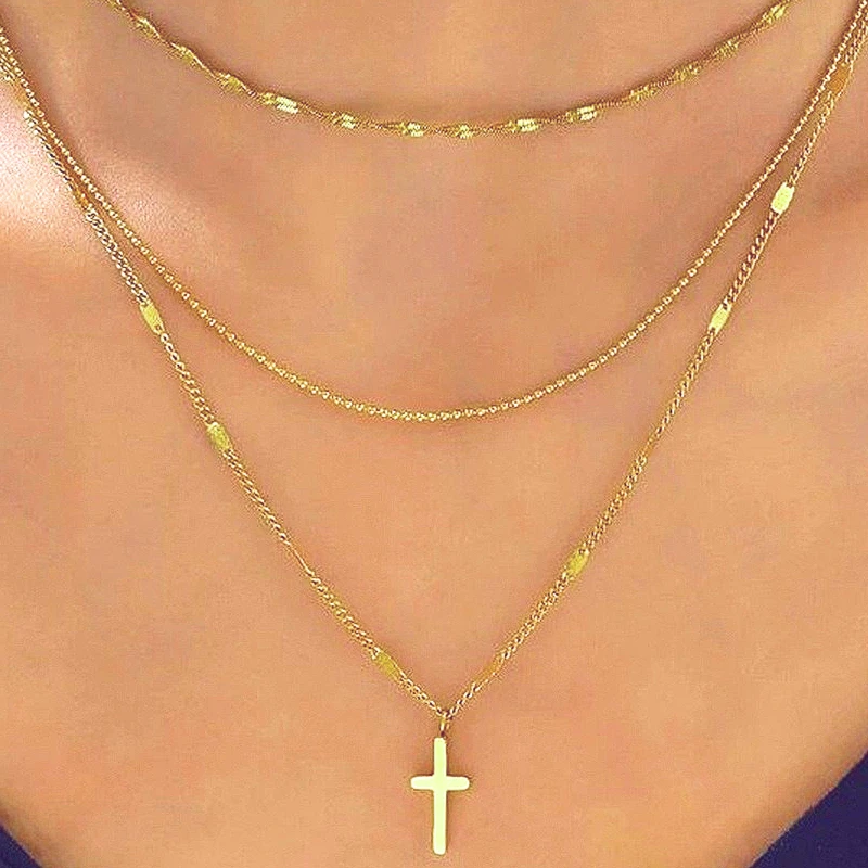 Cross Necklace for Women,14K Real Silver Gold Plated Waterproof Stackable Layering Necklaces Twist Dot Bead Chain Necklace Gifts