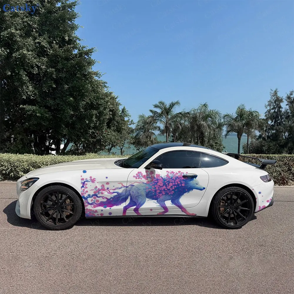 2 autocollants décoratifs pour voiture, motif loup floral vibrant, en PVC auto-adhésif, imperméables et résistants aux rayures, accessoire de voiture, cadeau