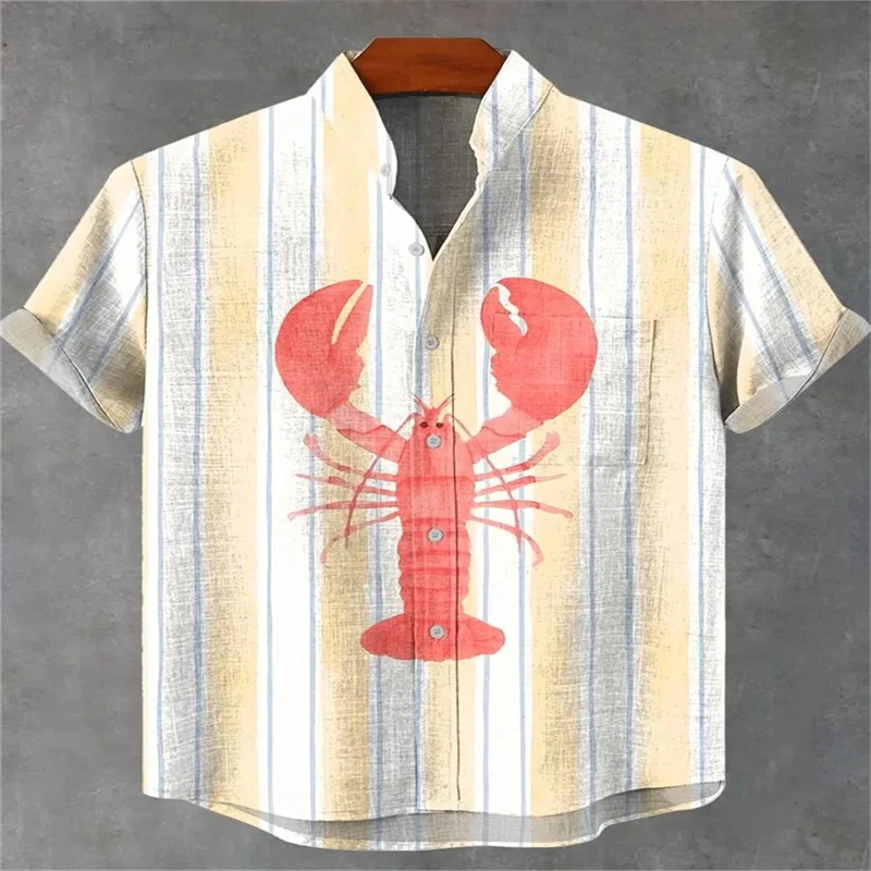 Men's summer cool and comfortable casual short-sleeved shirt 3D lobster print shirt, fashionable linen button shirt