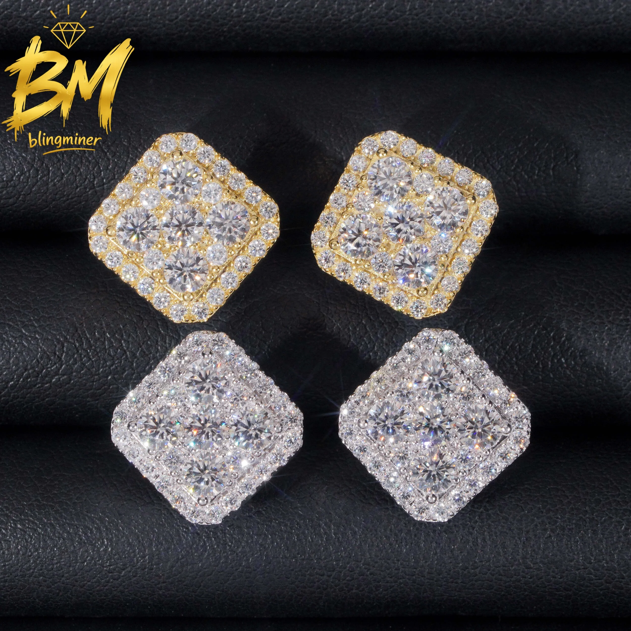 Blingminer Hip Hop 13.5mm S925 Silver VVS Moissanite Earrings For Men Women Ear Studs Jewelry Pass Diamonds Tester GRA Free Ship