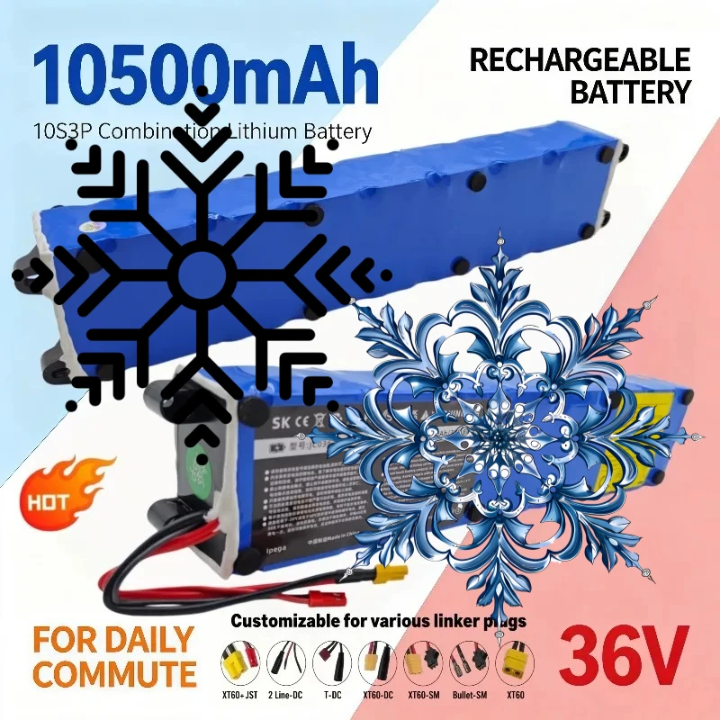 36V 10.5Ah 10S3P Electric Scooter Lithium Battery Pack 10500mAh High Capacity Replacement Cell