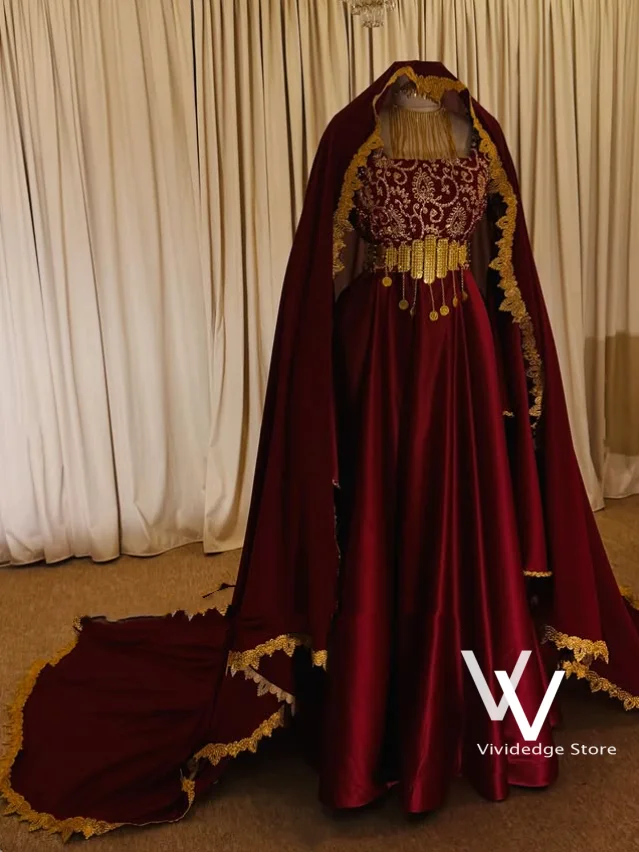 Traditional Burgundy Bridal Gown Luxury Evening Gown for Albanian Women with Veil Gold Lace Embroidery Wedding Dress Customized
