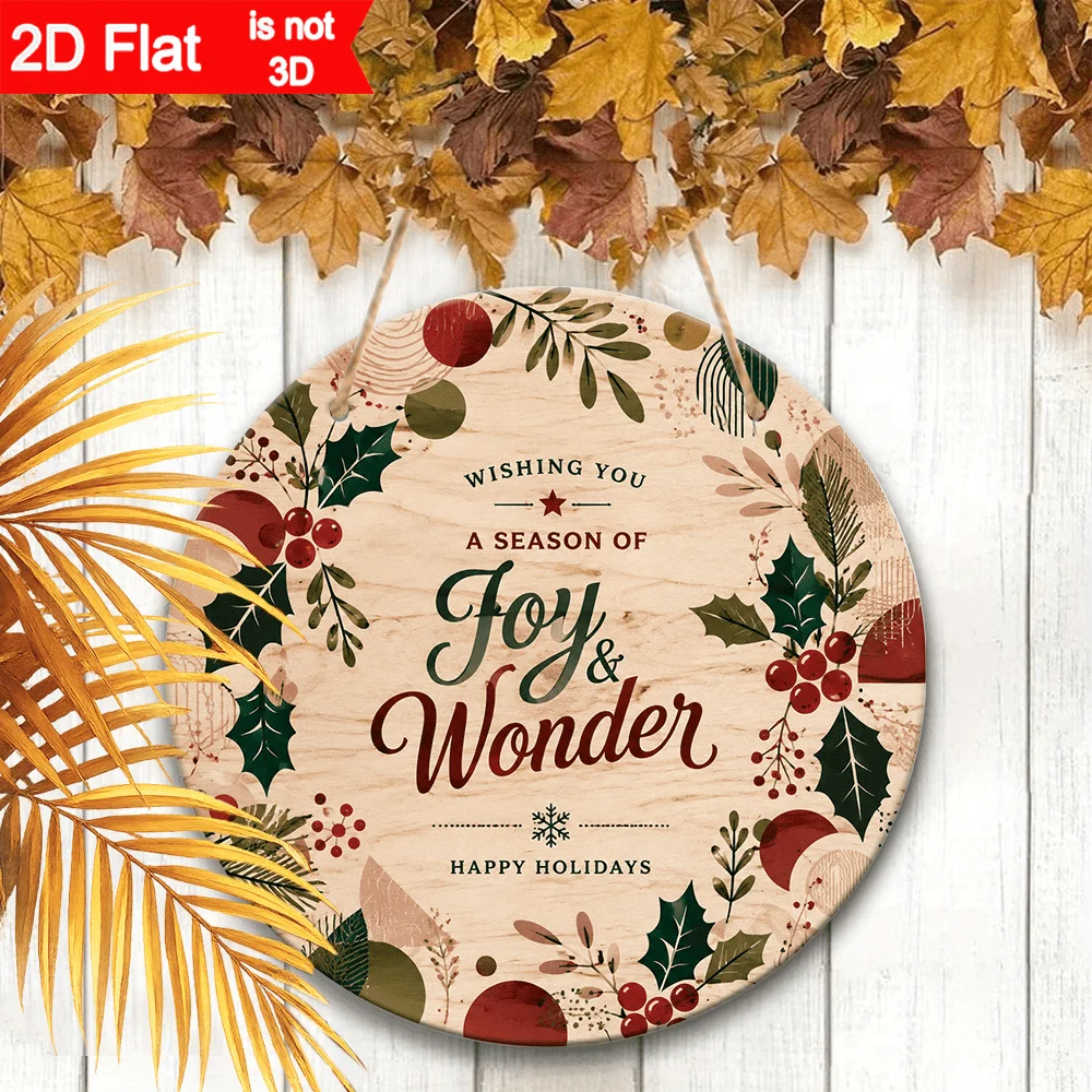 2D Flat, 1pc 2D Printed Round Wooden Door Sign, Wishing You a Season Full of Joy and Surprises, Merry Christmas, Front Door Hang