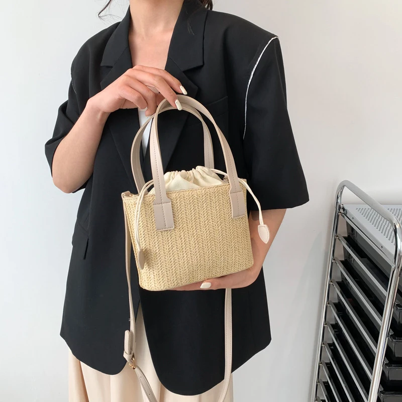 Knit Travel Bags Straw Woven Beach Bag Wrist Pack Women Handle Female Bucket Tote Bags Rattan Ladies Purses Handbag - Image 3