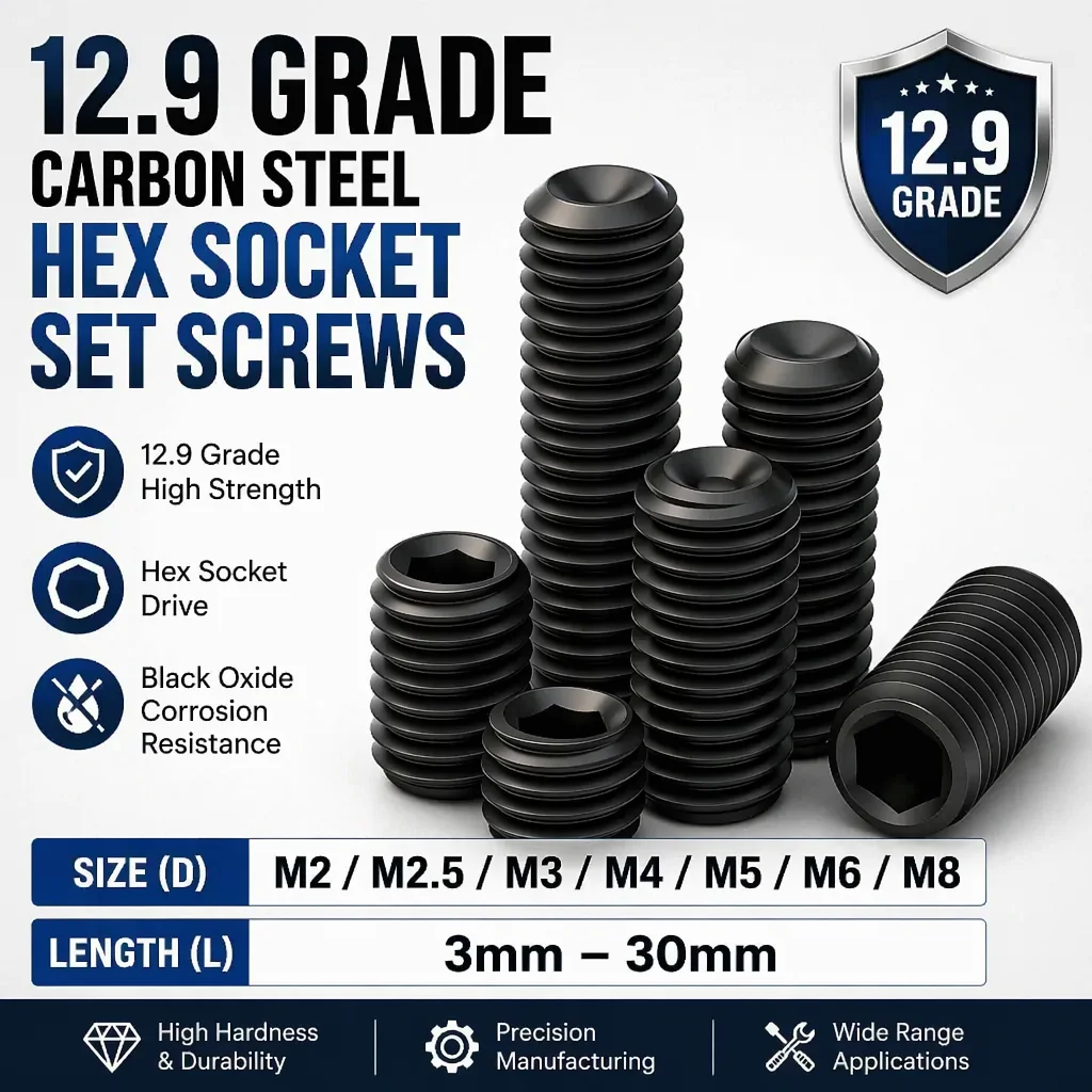DIN916 Grade 12.9 Carbon Steel Hex Socket Set Screws Grub Screw Bolt M2 M2.5 M3 M4 M5 M6 M8
