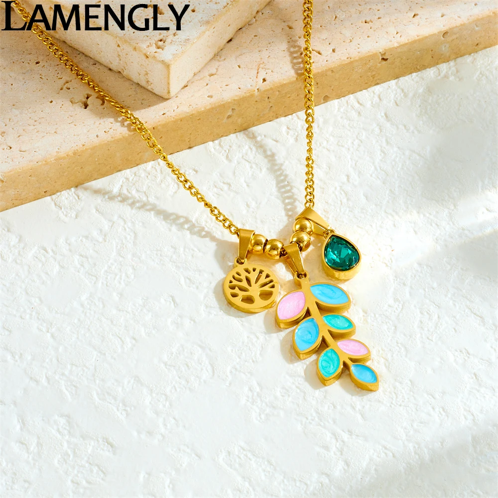 LAMENGLY 316L Stainless Steel Tree Of Life Green Crystal Water-Drop Dopamine Leaves Pendant Necklace For Women Noble Neck Chain