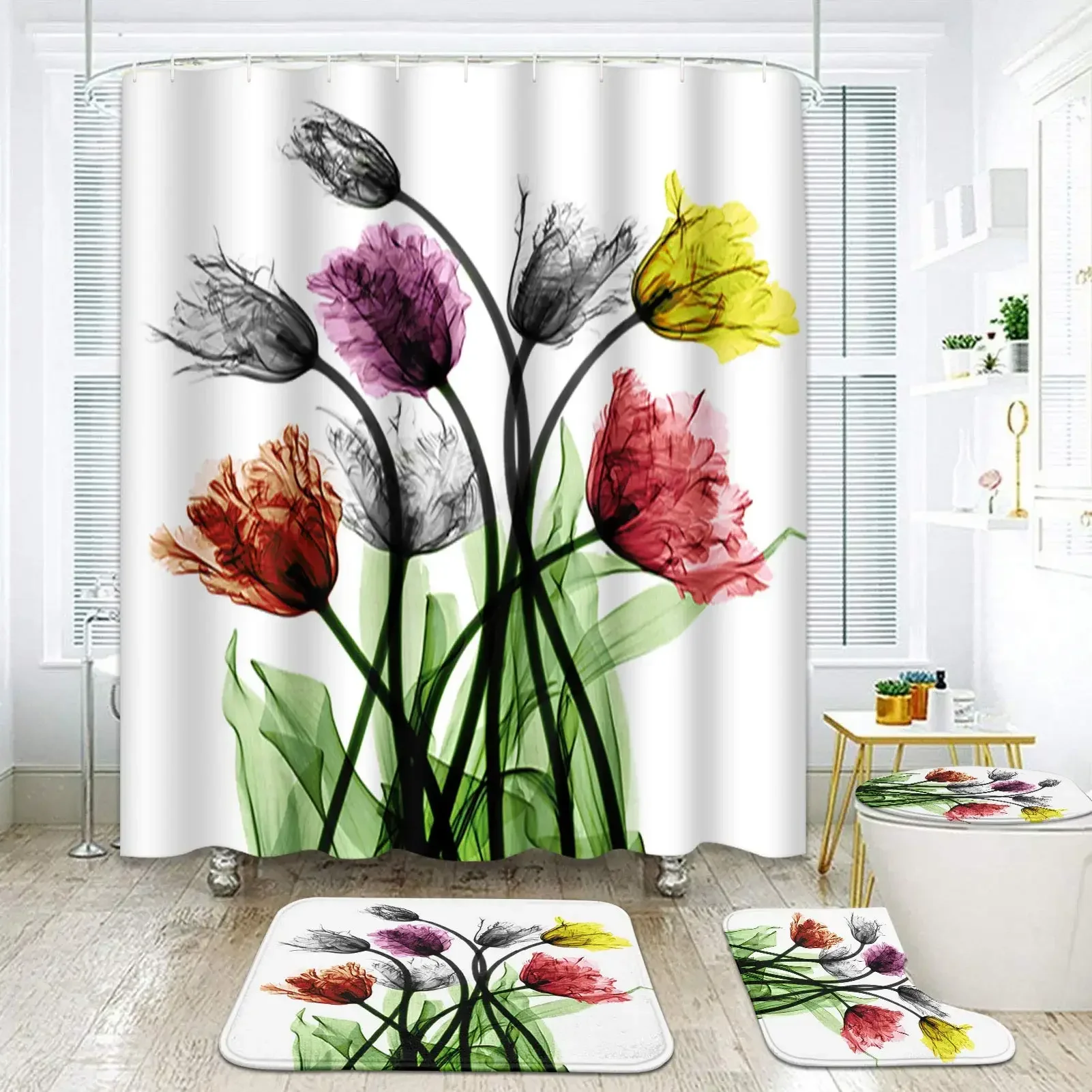 

Shower Curtain Set Watercolor Flowers Leaves Purple Botanical Bouquet Non-Slip Rugs Toilet Lid Cover Bath Mat Bathroom Decor Set
