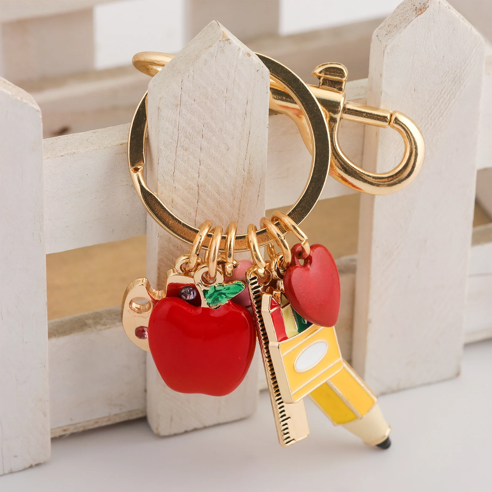 Teacher Appreciation Keychain with Pencil Apple Ruler Palette Charms Gold Tone Enamel Key Ring Gift for Teachers