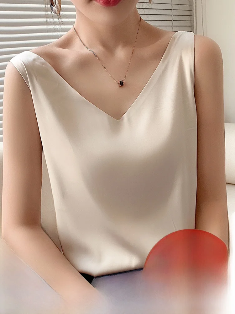 Silk Csole Tank Top Women ort V-ne Bla White Satin Base  Silk Summer Open Ba Commute Sle Loose Fit