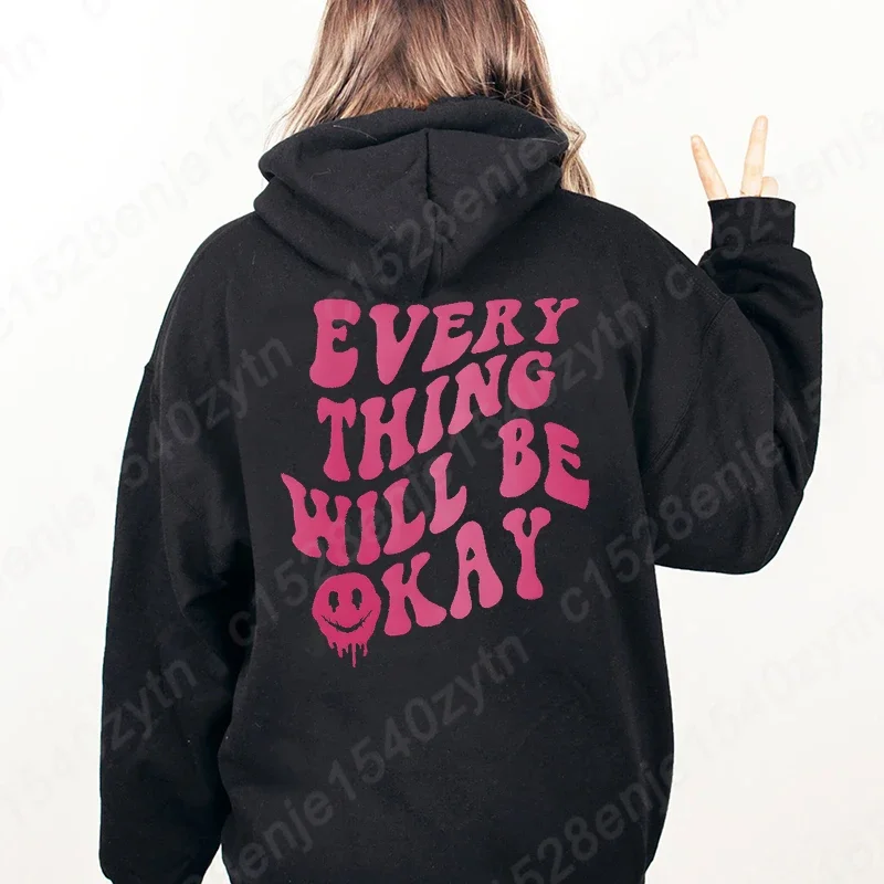 Everything Will Be Okay Letter Print Hoodies, Women's Graphic Hoodies Casual Long Sleeve Pullover Tops, Positive Energy Hoodie