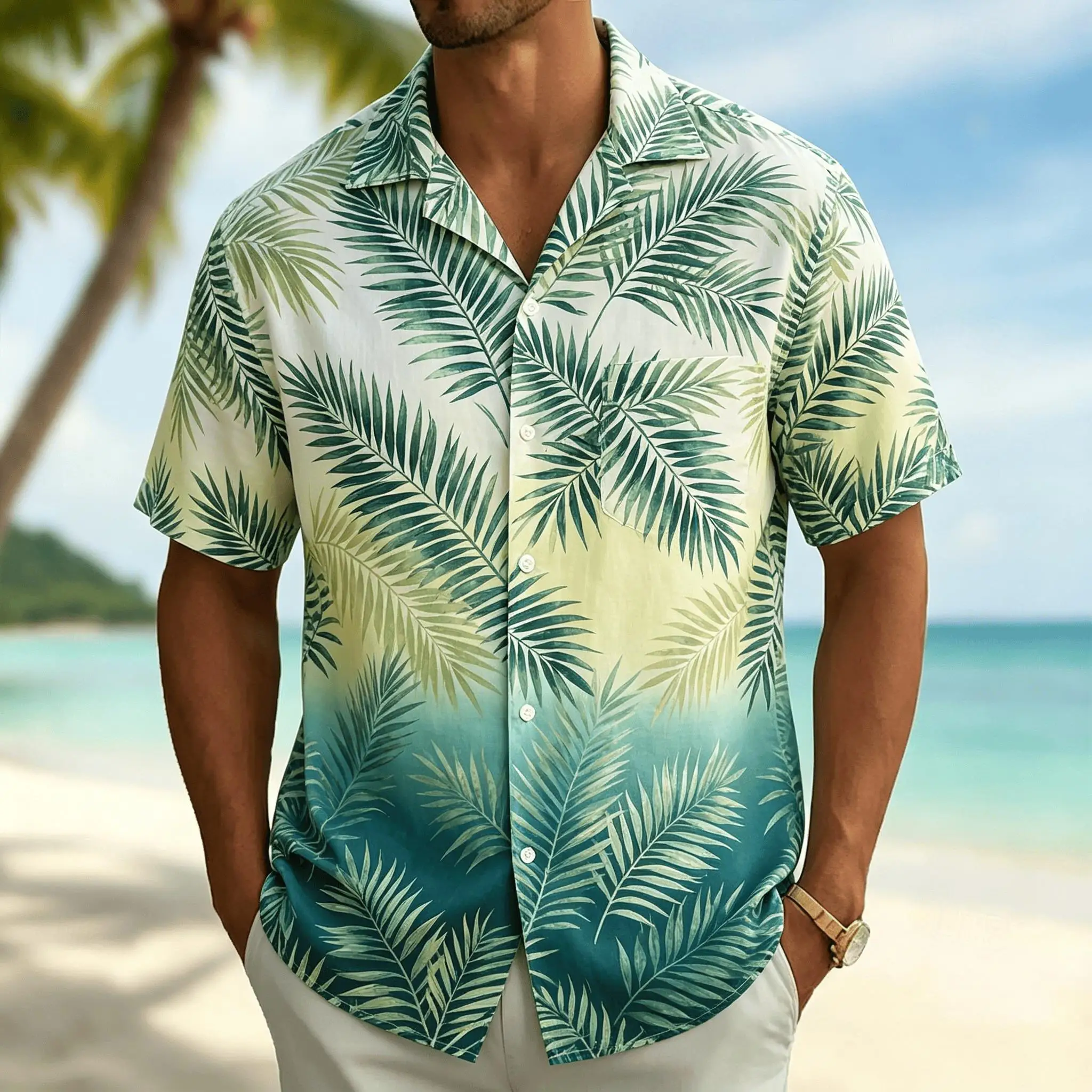 Men's Palm Leaf Print Short Sleeve Shirt, Casual Hawaiian Button Down Top, White Base Green Nature Design for Spring Summer
