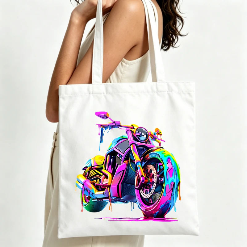 Womens motorcycle graphic canvas tote bag with artistic print ideal for casual daily use and weekend outings