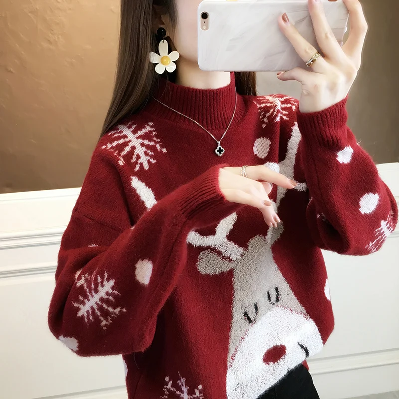 Red Sweater for Women Christmas Sika Deer Pullover Loose Sweater High Collar Casual Girl Embroidery Kawaii Small Fur Fashion