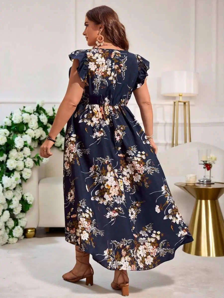 

Floral Print Ruffle Trim High Low Hem Dress Summer Beach Boho Style