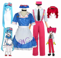 Miku Cosplay Costume Anime Mesmerizer Uniform Women Striped Maid Dress Teto Wig Suit Halloween Christmas Carnival Party Dress