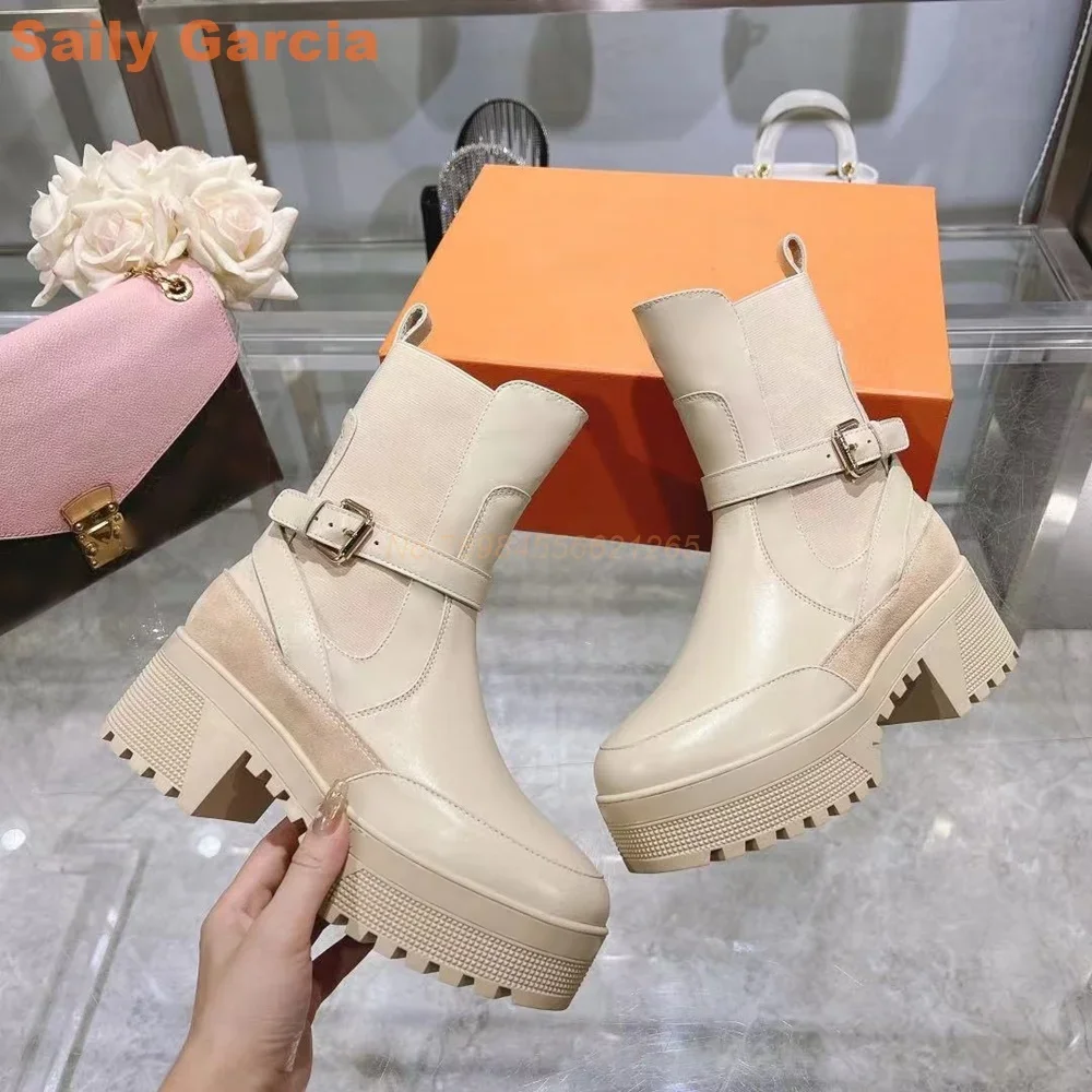 Thick Chunky Ankle Boots Splicing Belt Buckle Black Green White Real Leather Elastic Band Luxury Brand Women Shoes Slip On