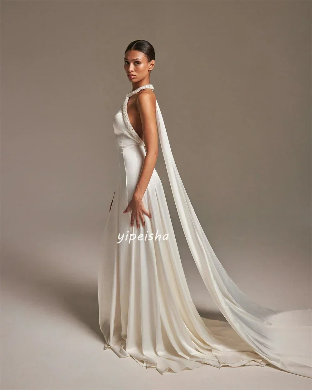 Aangepaste elegante moderne stijl formele jersey gedrapeerde a-lijn halter lange jurken avondjurken hoge kwaliteit sexy bijpassende klasse